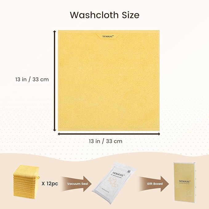 SEMAXE 100% Cotton Washcloths 12-Pack, 13 × 13 Inch Soft Yellow Face Towels –