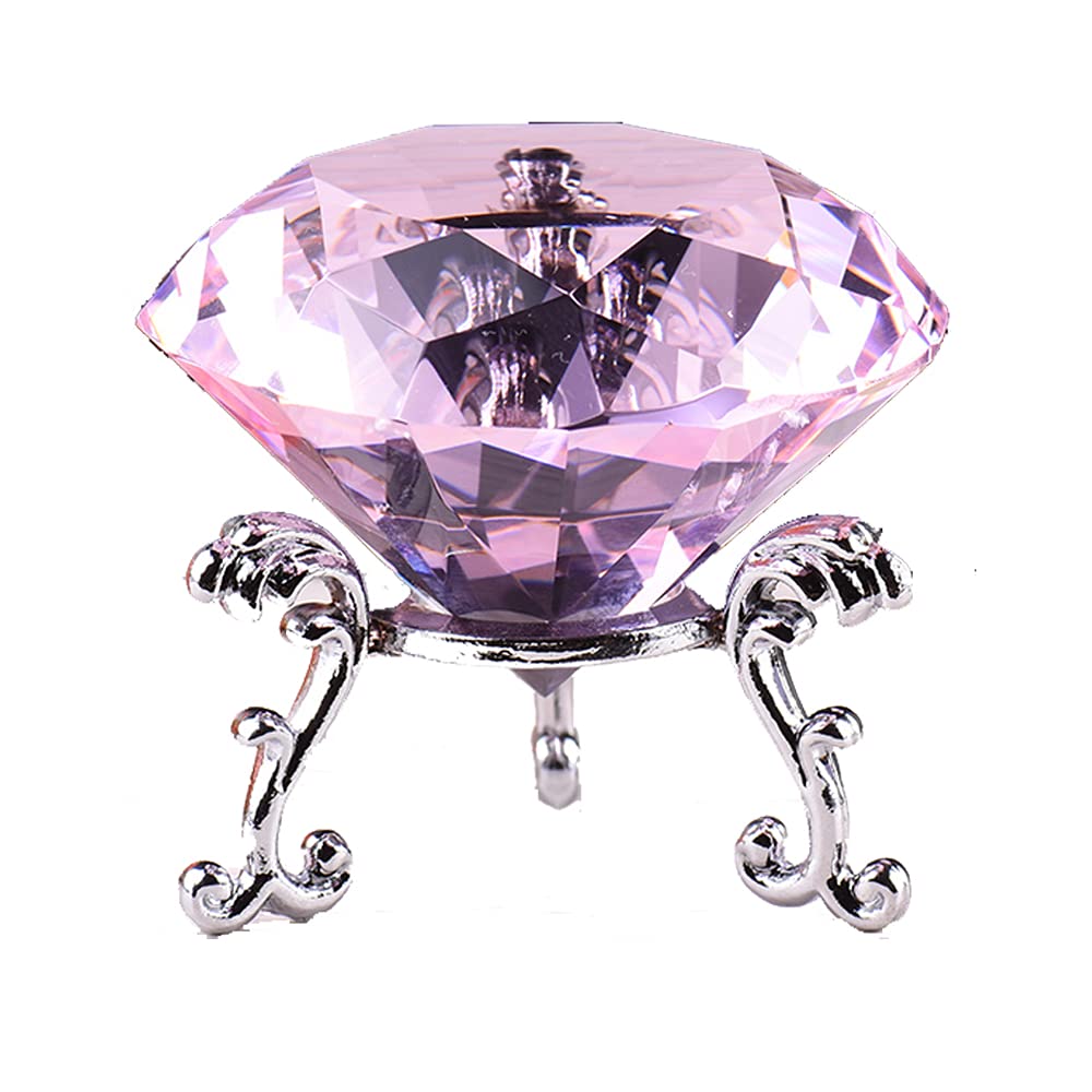 F-ber 60mm/2.4" Pink Crystal Faceted Diamond Paperweight w/ Silver Base Stand Jewels Wedding Decorations Centerpieces Cut Glass Display Ornament Gift Home Decor