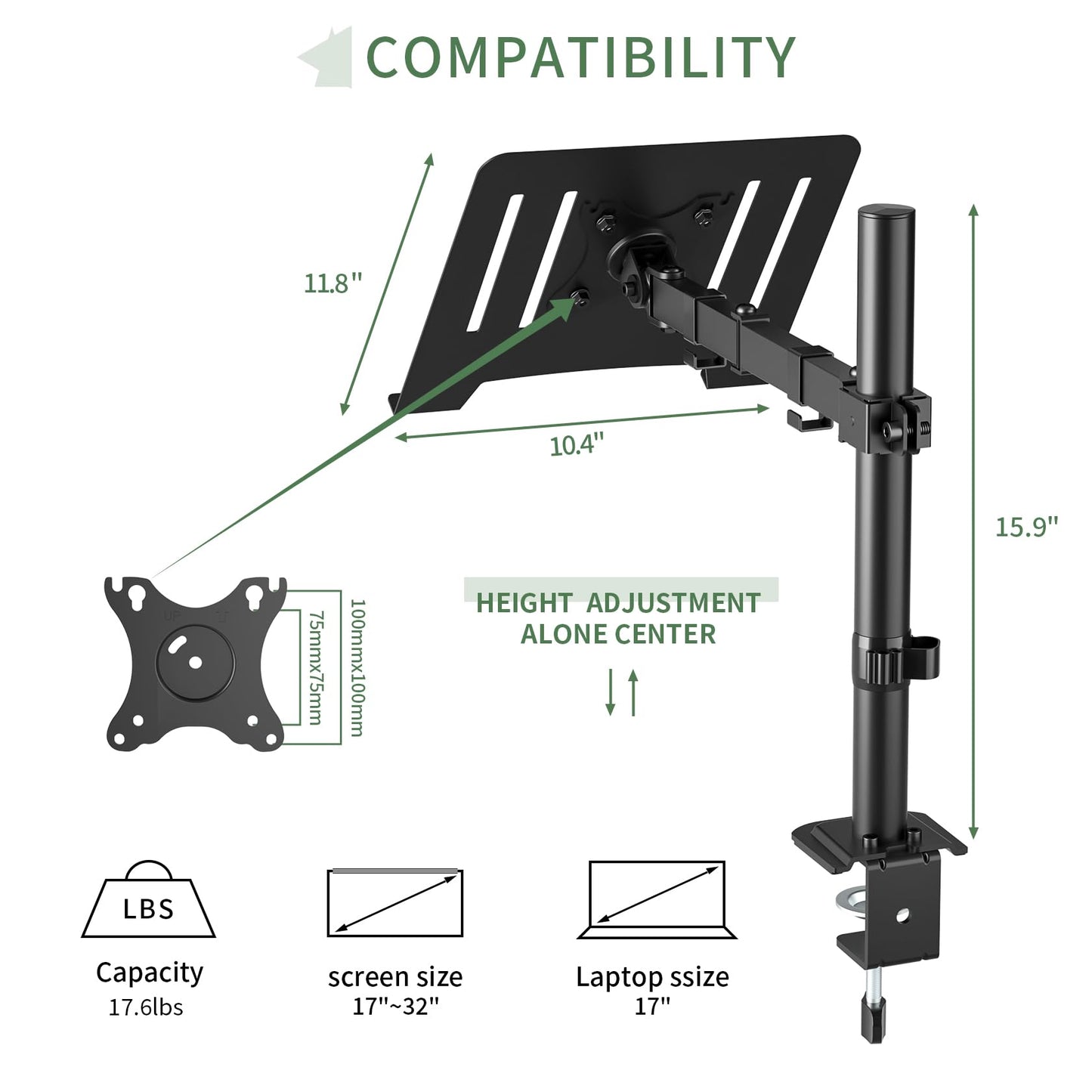 Laptop Desk Mount, Single Laptop Stand Arm with Vented Tray for 17 inch Notebook or 14”-32” Monitor, Holds up to 17.6 lbs, Fully Adjustable, Clamp/Grommet Mounting, VESA 75/100mm