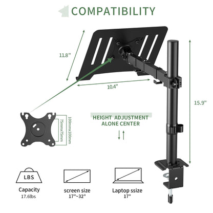 Laptop Desk Mount, Single Laptop Stand Arm with Vented Tray for 17 inch Notebook or 14”-32” Monitor, Holds up to 17.6 lbs, Fully Adjustable, Clamp/Grommet Mounting, VESA 75/100mm