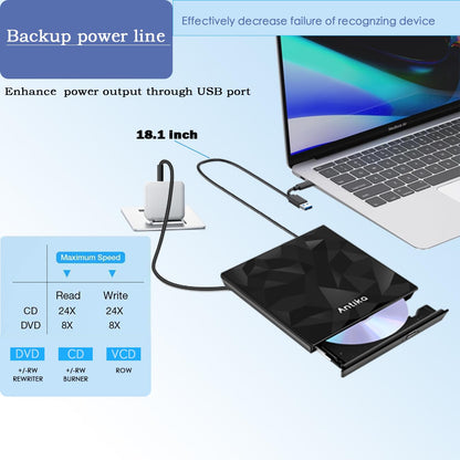 Antika External CD DVD Drive TypeC USB 3.0 Extended Cable Backup Power Line Portable DVD Player Burner Reader for Laptop Desktop PC Apple Mac Macbook Pro Windows 10/8/7/vista/xp Mac osx10.6 Above