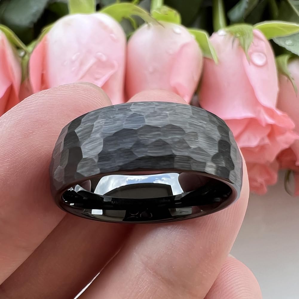 TUTISS 8mm Black Hammered Tungsten Carbide Rings for Men Women Engagement Wedding Bands Domed I Love You Engraved Comfort Fit Size 6