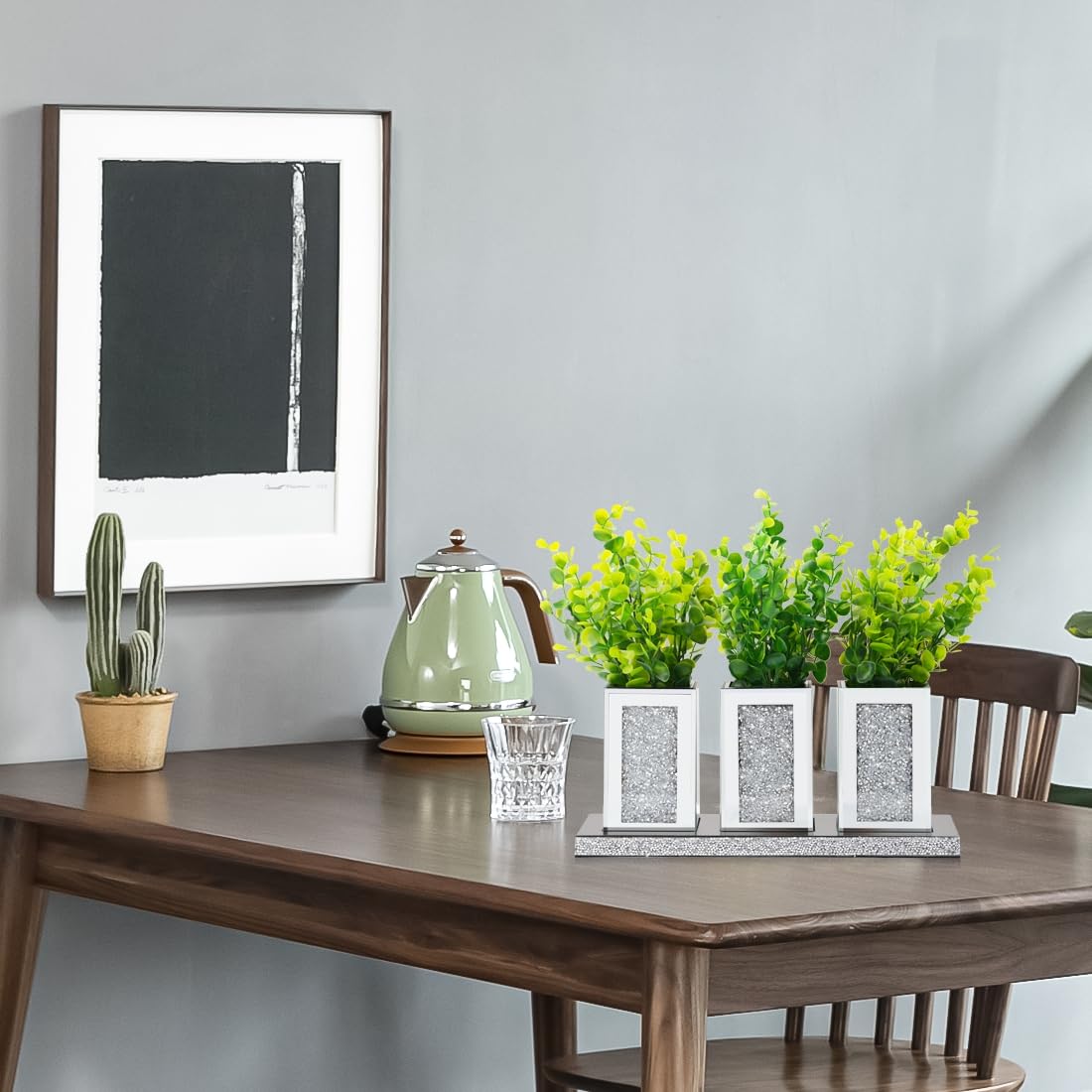 Pibeyer Crystal Crush Diamond Jar Table Centerpiece Decorations for Dining Room, Coffee Table Decor Wooden Tray with 3 Mirrored Jars Artificial Plants for Kitchen, Living Room, Home Décor