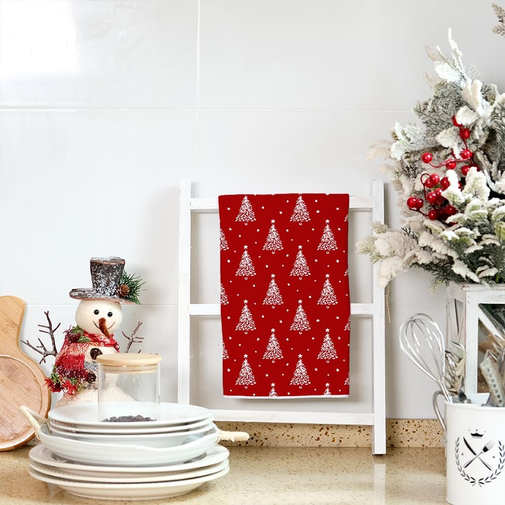 ARKENY Christmas Kitchen Towels Set of 2,Red Xmas Tree Dish Towels 18x26 Inch,Hoilday Farmhouse Home Decoration AD102
