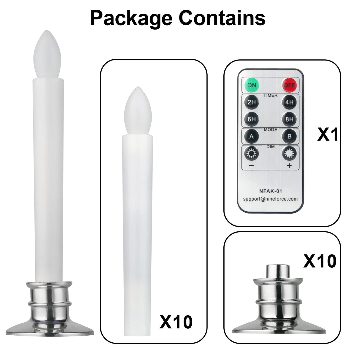 CelebrationLight 10 Pack Flameless Taper Candles with Remote/Timer, Battery Operated Flickering LED Window Candles, Vintage Christmas Electric Fake Candlesticks, Silver Holder