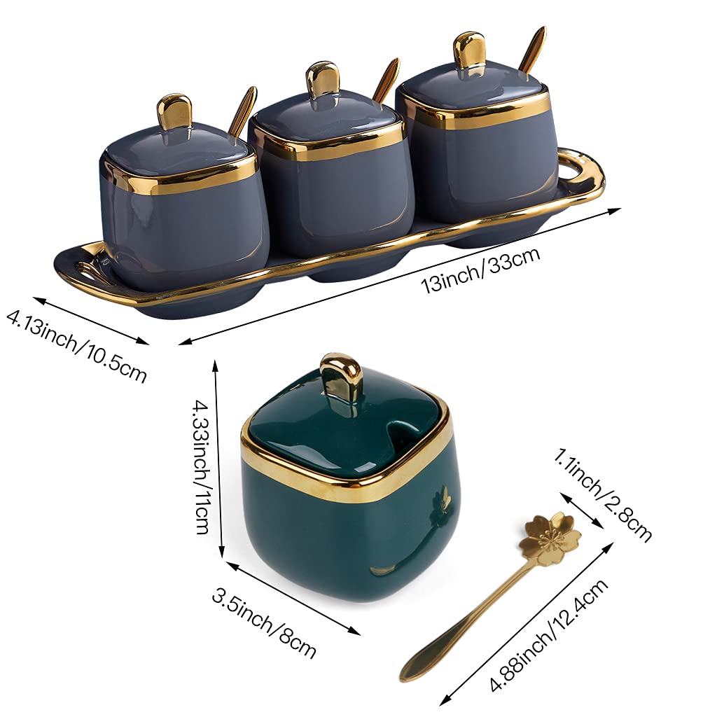 Fvstar Ceramic Sugar Bowls with Lid and Spoon,Gold Kitchen Spice Boxes Set,Salt and Peper Containers Set of 3,Coffee Sugar Bowls with Tray,Seasoning Storage Jars for Countertop and Bar,Gray