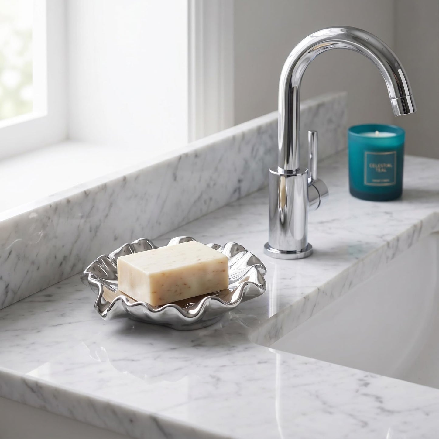 Sosoport Ceramic Soap Dish Holder Silver Electroplated Porcelain Bar Soap Container for Bathroom Kitchen Wash Table Use, 5.11 X 5.11 X 1.18 Inch