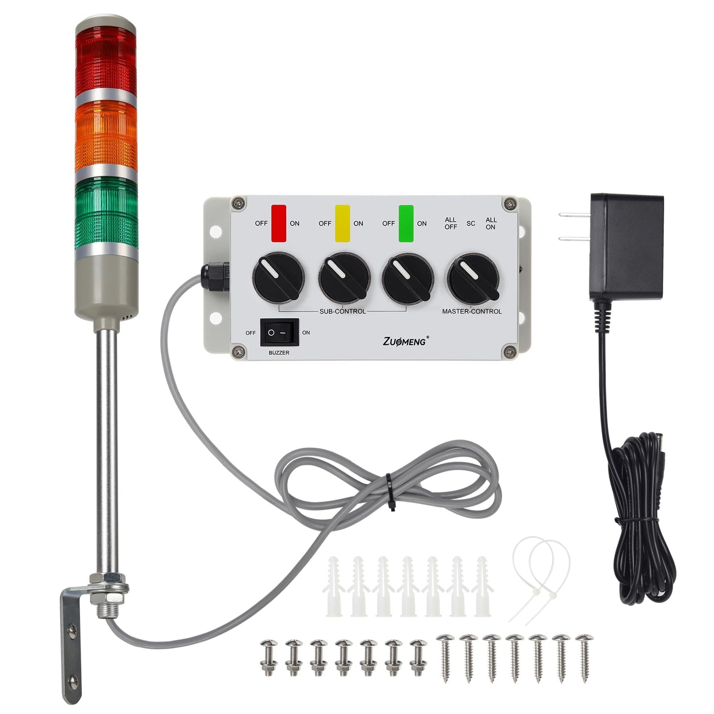 Zuomeng 3 Stack Super Bright LED Andon Tower Light, Red/Amber/Green, Plug & Play Ready, 6 ft Power Cord, IP65, 85 dB Buzzer, Easy Installation for Factory Automation & Safety Alarms