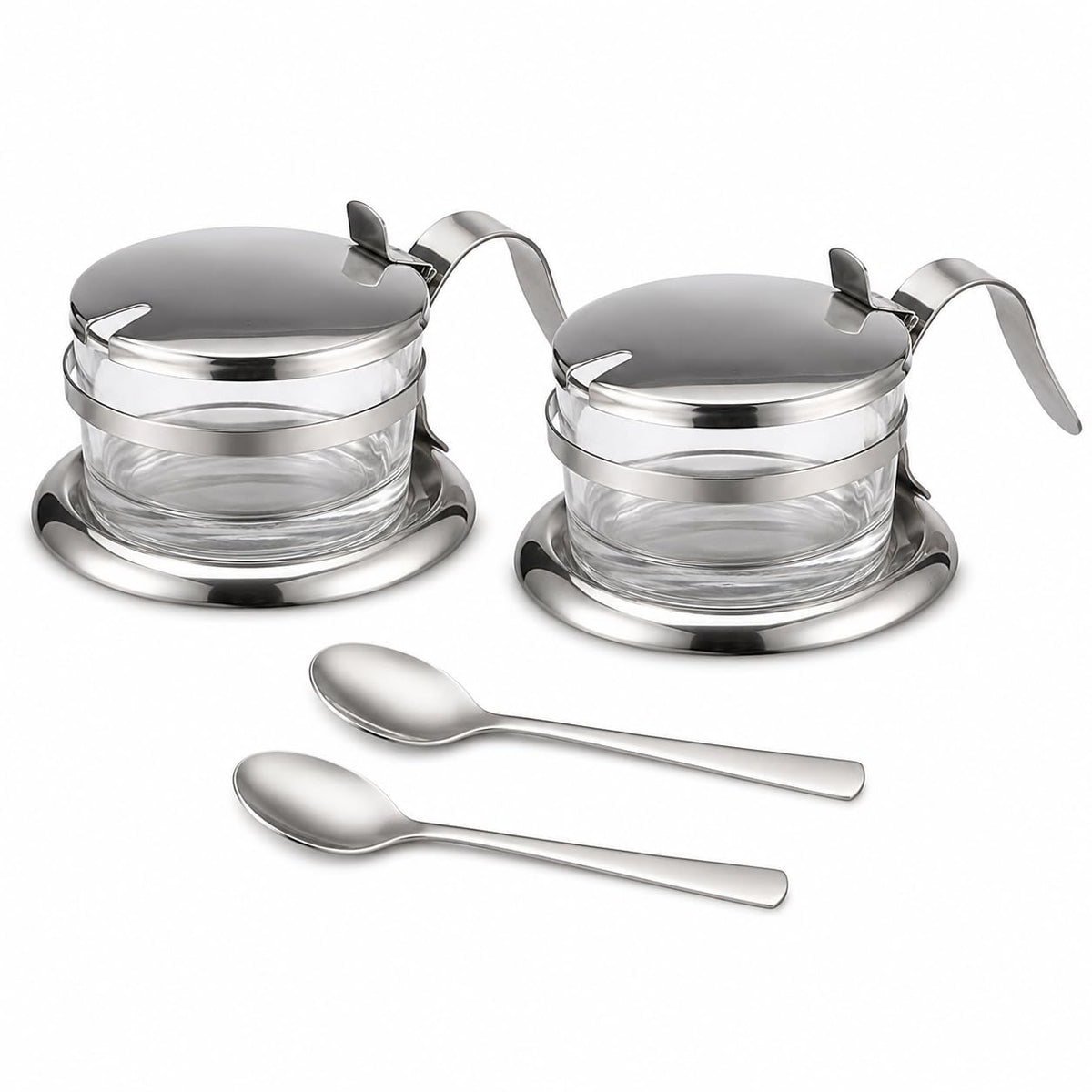 2 PCS Stainless Steel Salt Server with Spoon, Glass Salt Cellar for Countertop, Heavyweight Seasoning Jar Set with Flip Lid, Elegant Sugar Pepper Container for Home Kitchen Baking Station