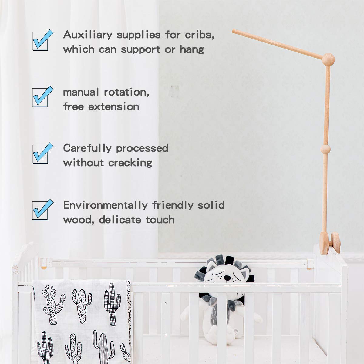 Baby Mobile Crib Holder,Wooden Mount for Mobile Hanging, Baby Crib Attachment for Nursery Decor Mount Bed Bell Holder