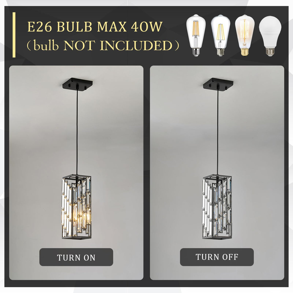 CATINER Black Crystal Pendant Light, Mini Hanging Light Fixture with Adjustable Cord, Modern Industrial Pendant Lighting for Kitchen Island, Dining Room, Bedroom, Hallway, E26 Base (1 Pack)