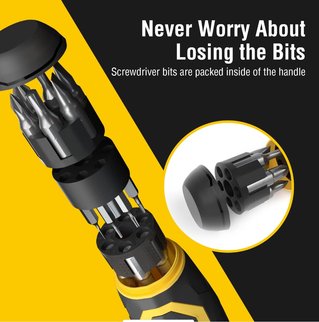 AZUNO 24 in 1 Ratcheting Multi Screwdriver Set with Universal Socket, 20 CRV Bits Stored in Handle, 12+8 Slotted/Torx/Hex/Square Sand Blasted Bits and Chrome Plated Precision bits.