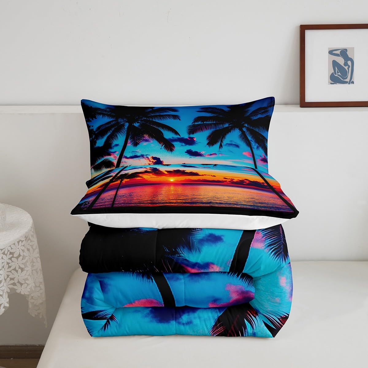 Feelyou Ocean Beach Themed Bedding Set Twin Size,Tropical Sunset Beach with Palm Trees Comforter Set,Peaceful Sea Marine Palm Tree Comforter Bright Hawaii Style Duvet Set 1 Comforter 1 Pillowcase