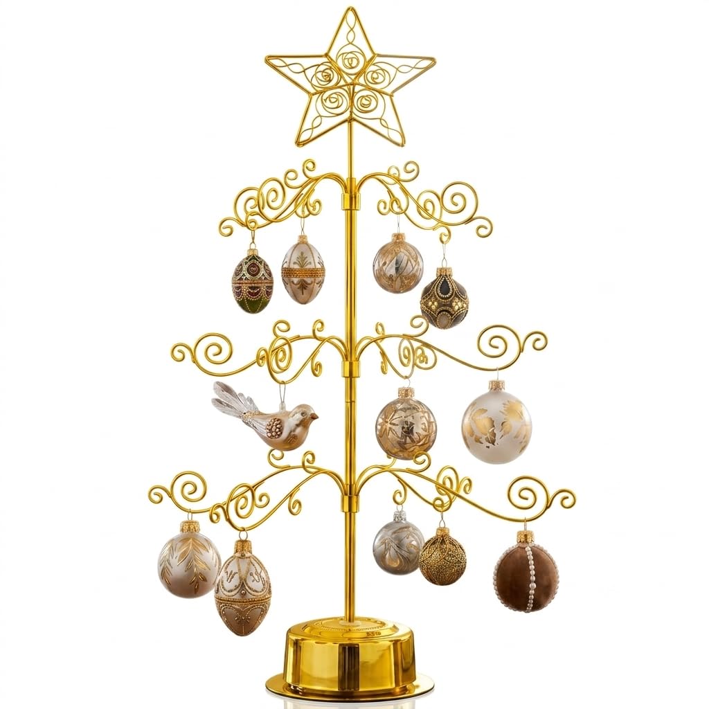 HOHIYA 24” Rotating Ornament Display Tree Stand 36 Hooks Metal Tabletop Display Rack for Christmas Ornaments Halloween Decor Craft Show Display Heavy Duty Brass Gold