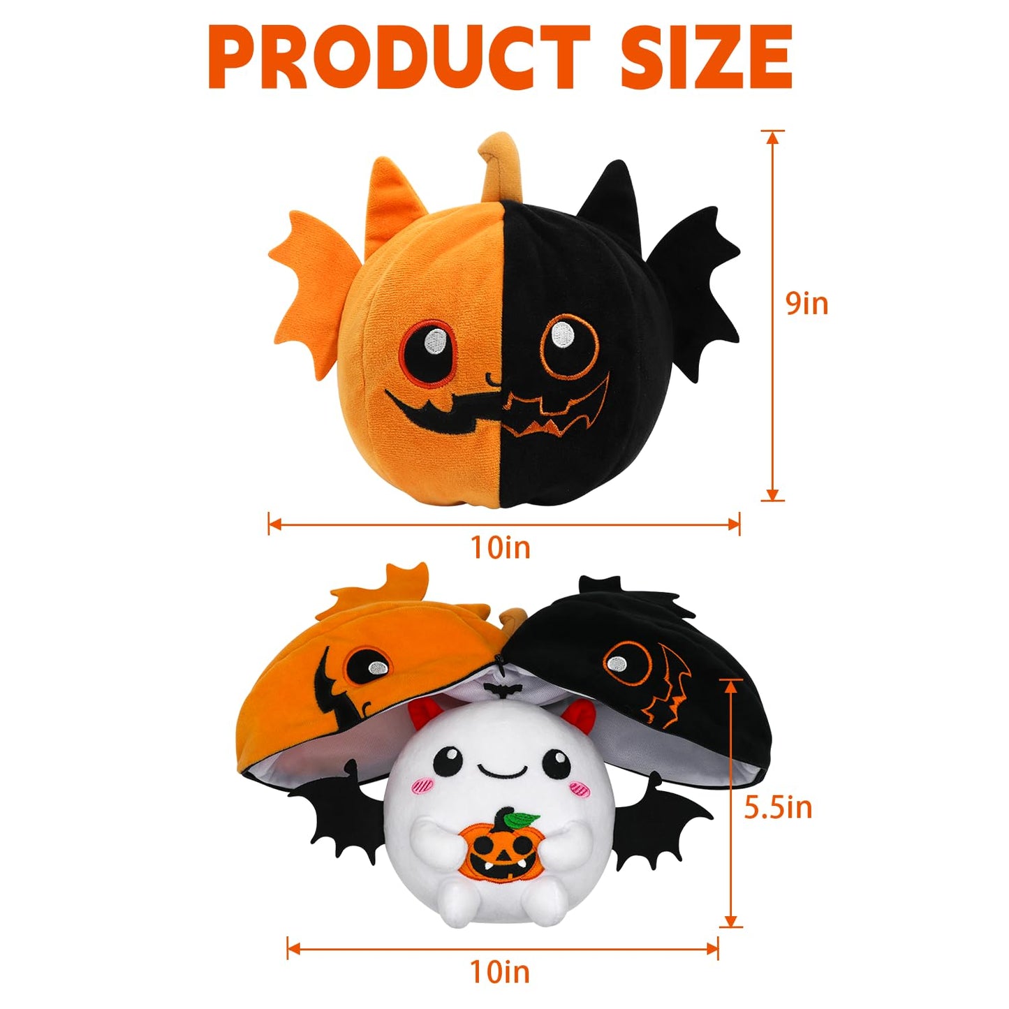 CAIYUEGG Halloween Stuffed Animal Reversible Bat Ghost Plush, Transformed Pumpkin Plush Zipper, Bat Ghost Stuffed Animal Cute Plushie Birthday Gift for Boys Girls Kids