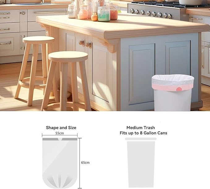 8 Gallon Trash Bags Drawstring, 8 gal Garbage Bags, 55x65cm Size