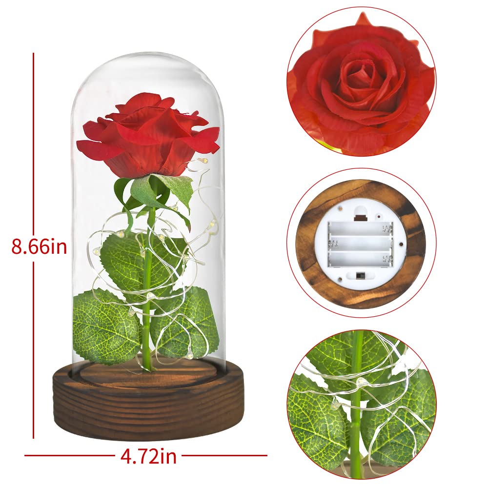 SW Preserved Rose Enchanted Rose Red Silk Rose in Glass Dome with LED Lights Pine Base, Romantic Home Decor Gifts for Mom Women Valentines Day Christmas Mothers Day Wedding Anniversary Birthday