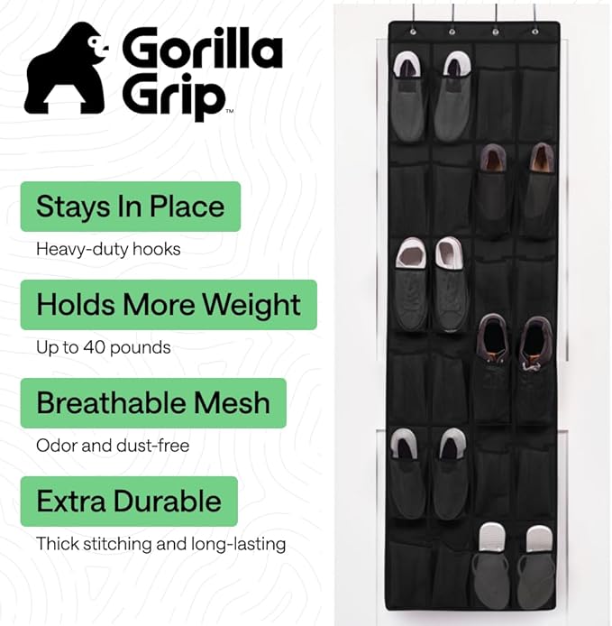 GORILLA GRIP Over the Door Shoe Organizer, 24 Large Breathable Mesh Pockets