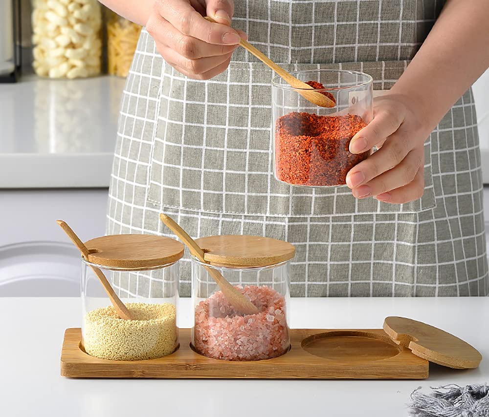 Lawei Set of 3 Condiment Jar with Lids and Spoons - Glass Sugar Bowls Sugar Salt Container Set for Sugar Serving Spice Salt