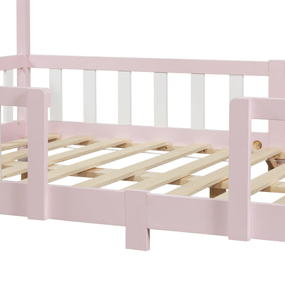 [en.casa] Children's bed Treviolo House bed 140 x 200 cm wooden bed for children with fall-out protection bed frame with slatted frame pine wood pink
