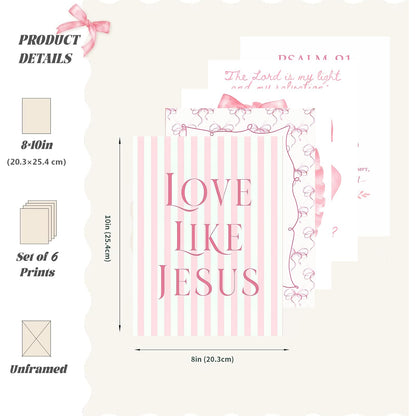 Pink Christian Wall Art Decor Posters Pink bow scriptures Inspirational Bible Wall Decor Room Bedroom Bathroom Dorm Wall Art Decor for College Teen Girls Gifts 10x8 Inch Set of 6pc Pictures UNFRAMED