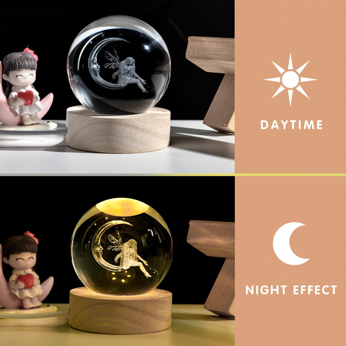 QIANCHANG 3D Fairy Crystal Ball with LED Stand, Fairies Figurines Lamp Night Light, Fairy Moon Decor Glass Sphere Balls Gifts for Women Girls Mom Kids(60mm)