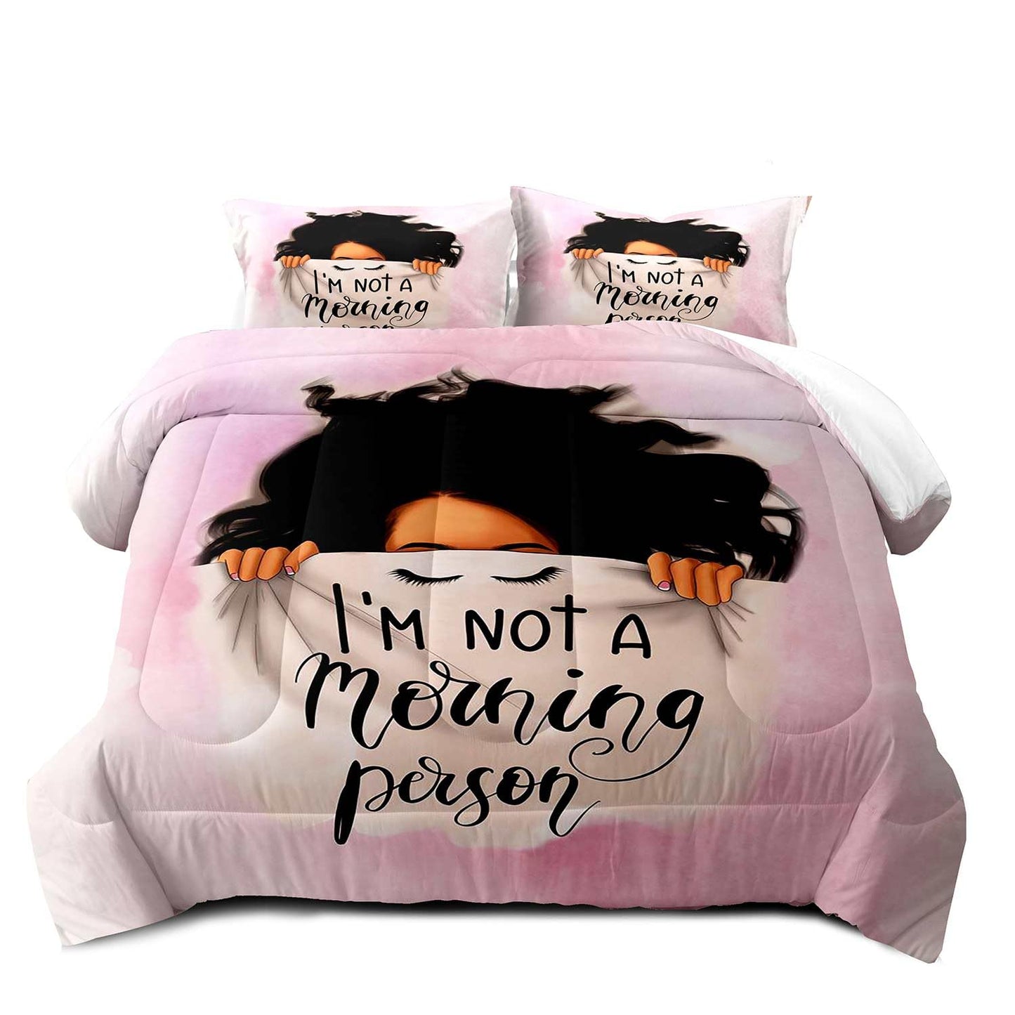 LUVIVIHOME 3PCS African American Black Girl Comforter Set King Size, Black Girl Magic Bedding, I'm Not A Morning Person Funny Gifts for Women Girls Kids, Soft Microfiber Pink Quilt, 2 Pillow Cases