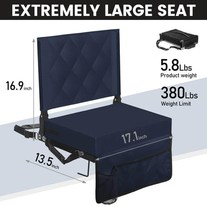Sheenive Stadium Seats for Bleachers with Back Support, Bleacher Seats with Backs and Cushion Wide, Padded Portable Folding Comfort Stadium Chair with Shoulder Strap,Perfect for Sport Events Navy Blue