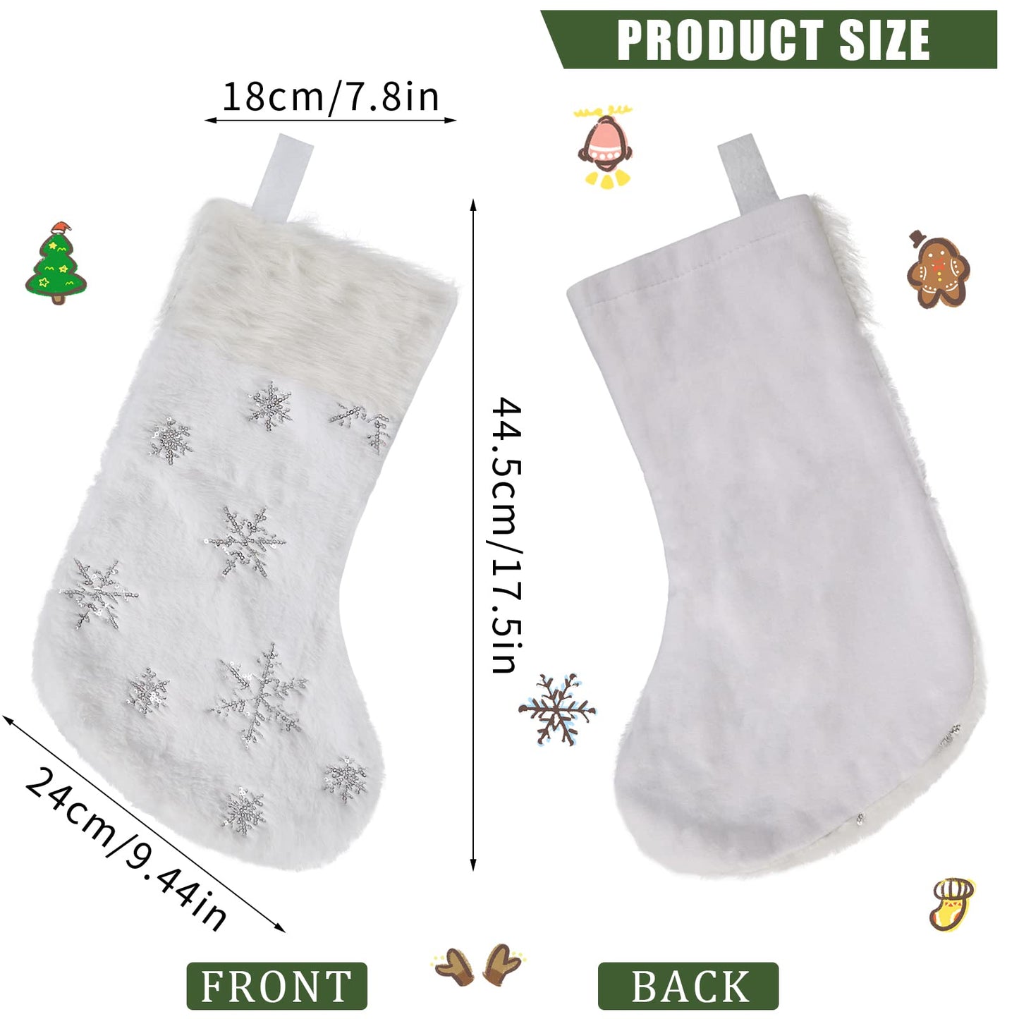 DIYASY White Christmas Stockings, 4 Pack Large Faux Fur Christmas Stockings with Silver Sequin Snowflakes Personalized Christmas Stocking for Fireplace Hanging and Holiday Party Decoration 17.5 Inches