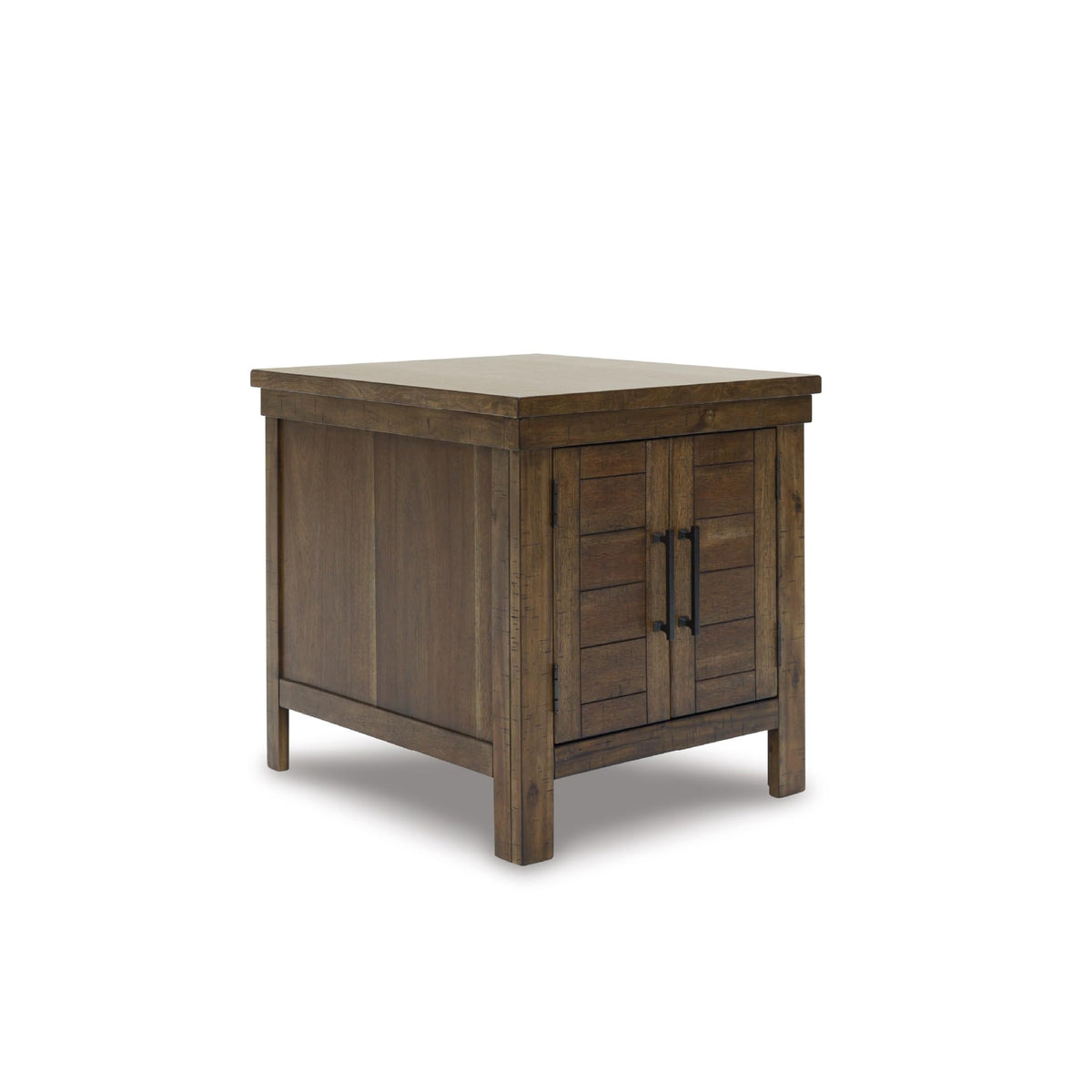 Signature Design by Ashley Moriville Rustic Farmhouse Rectangular End Table with Dual Cabinet Doors, Antique Bronze-Tone Hardware, Wood, 25" High, Brown