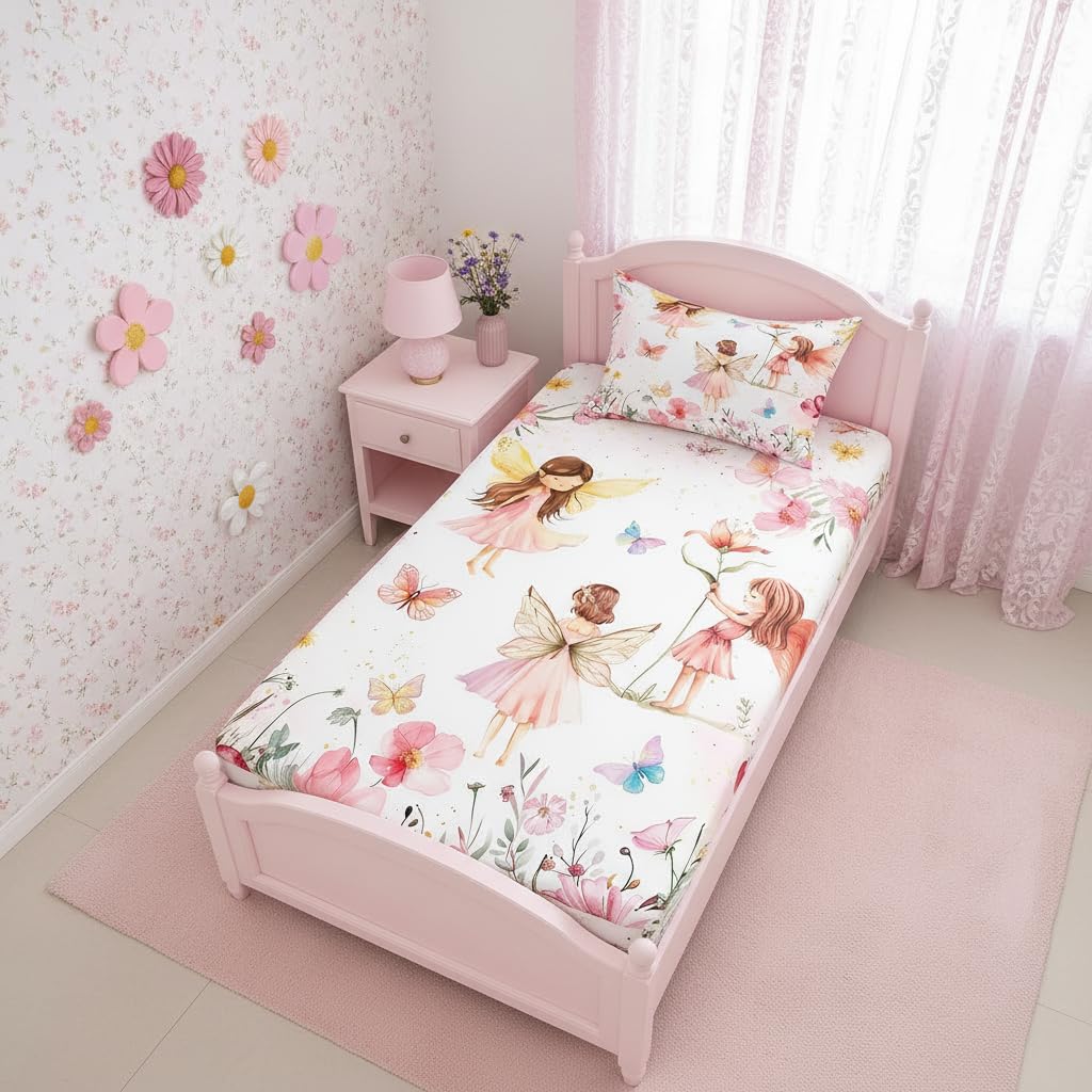 Erosebridal Dreamy Fairy Twin Fitted Sheet,Pink Fairy Garden Bedding Set for Girls Kids,Cute Floral Butterfly Bed Set,Princess Girly Coquette Bed Sheets 2Pcs Bedroom Decor (No Flat Sheet)