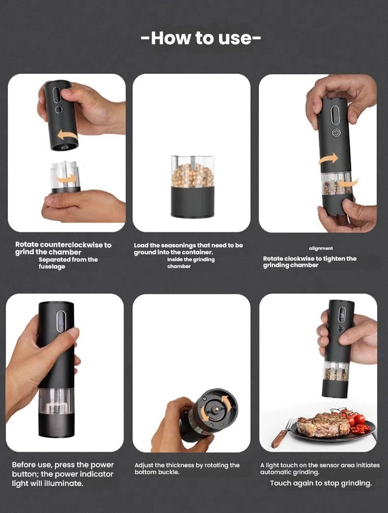 Veiliss Electric Salt and Pepper Grinder Set with Battery Rechargeable, External Adjustable Coarseness, Automatic Ceramic Salt & Pepper Shakers Mills for Seniors & Weak Hands & Kids, Gift for Mother