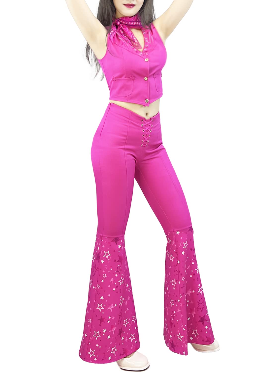 Naywig Cowgirl Outfit 70s 80s Hippie Disco Costume Pink Flare Pant Halloween Cosplay For Women Girls-X-Large
