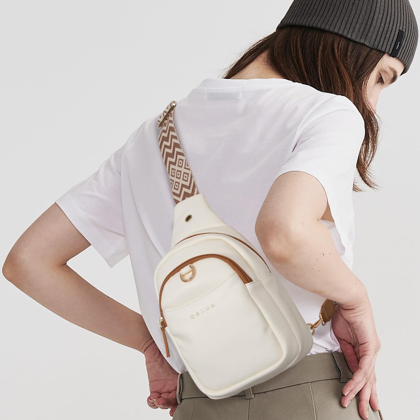 OSOCE Crossbody Bag for Women PU Sling Belt Bag Small Shoulder Chest Bag Purses with Adjustable Guitar Strap Phone Cable Hole Fanny Pack Cross Body Bags with for Ladies Travel Shopping.