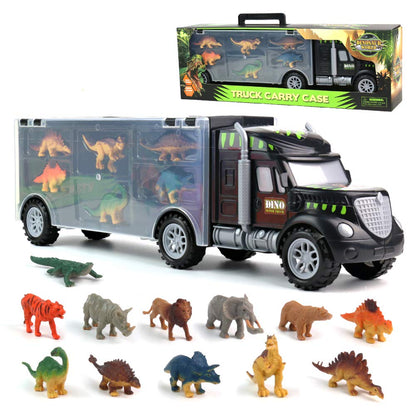 Akokie Dinosaur Toys for Boys Girls - Kids Toys Transport Carrier Truck with Dinosaur Animals Toy 12 Pcs Double Side Storage Set Birthday for Kids Boys Girls 3 4 5 6 Years Old
