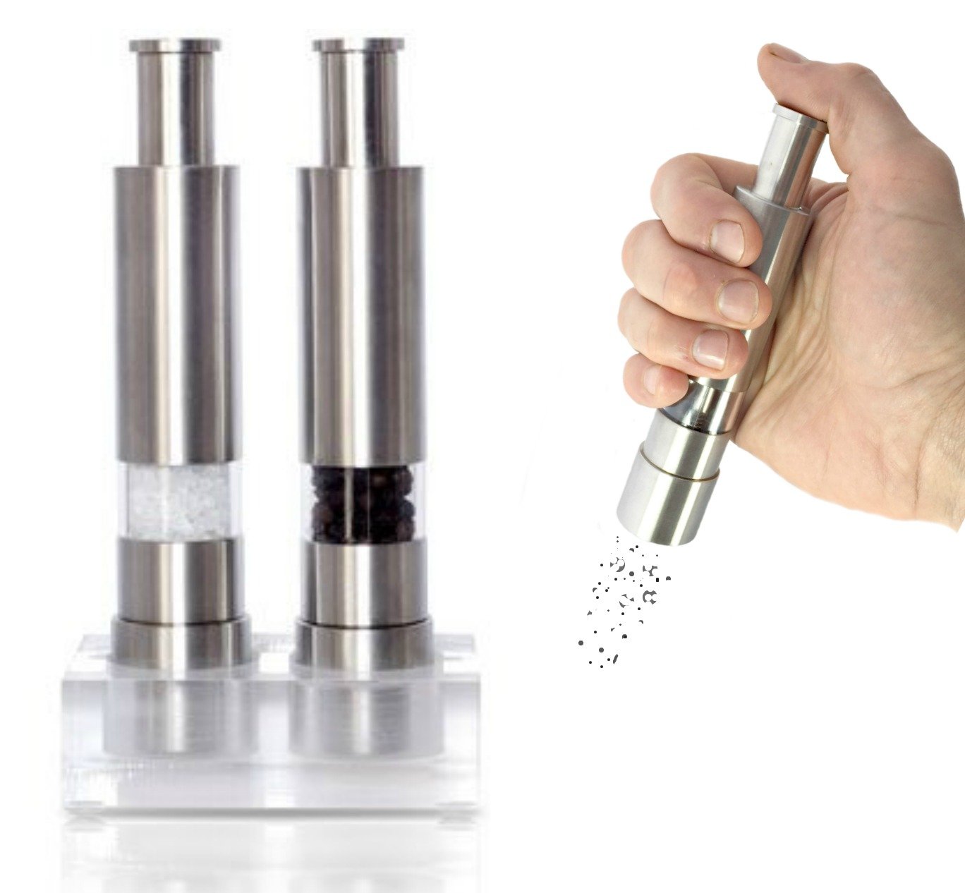 Grind Gourmet Salt and Pepper Grinder Set, Original Pump & Grind Peppermill are Refillable, Modern Thumb Press Grinder, Works With Black Pepper, Sea Salt, Himalayan Salts, Stand Included