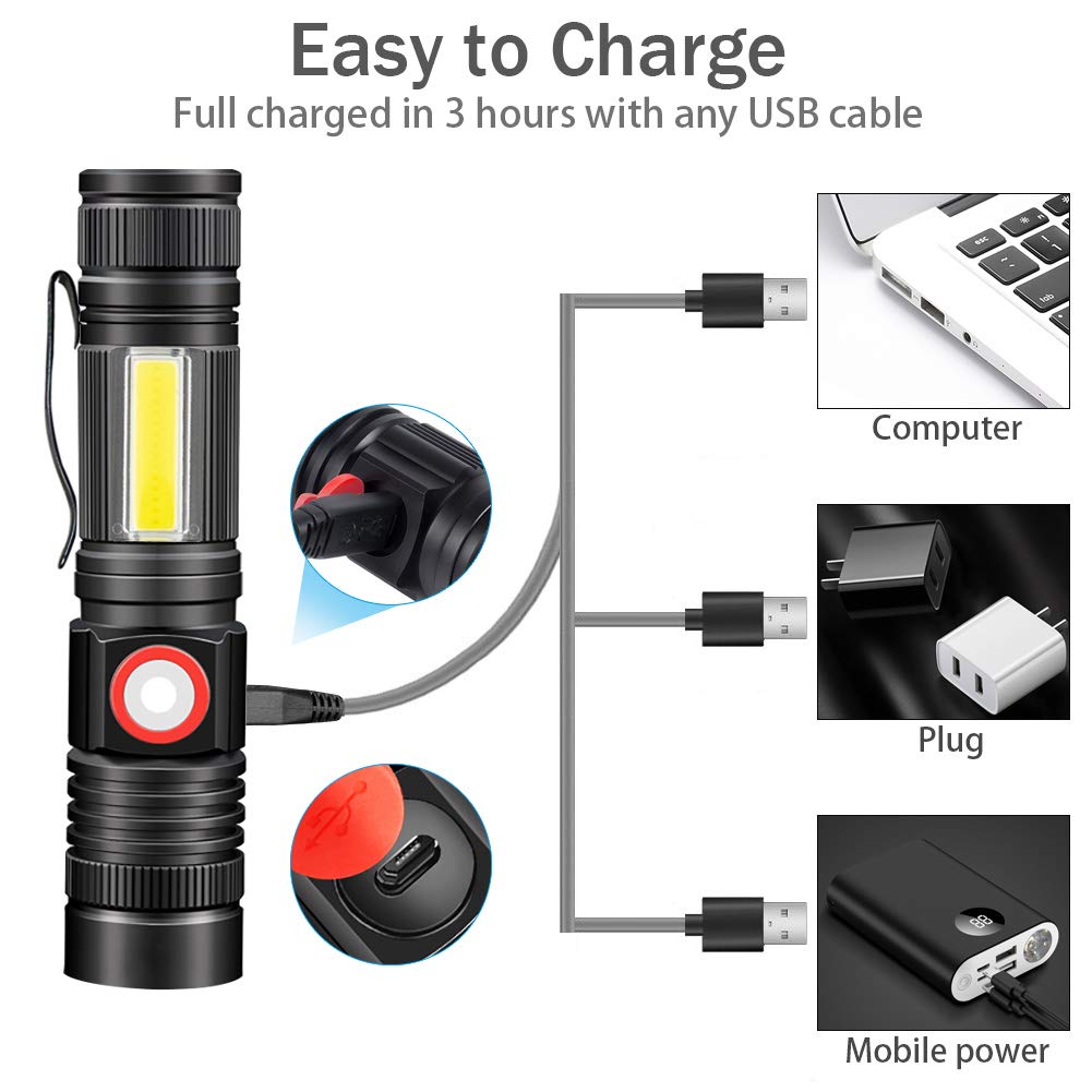 Torch USB Rechargeable Including 18650 Battery - LED Torch Tactical Super Bright Powerful Magnetic COB Work Torches Flashlight for Camping,Hiking,Fishing …