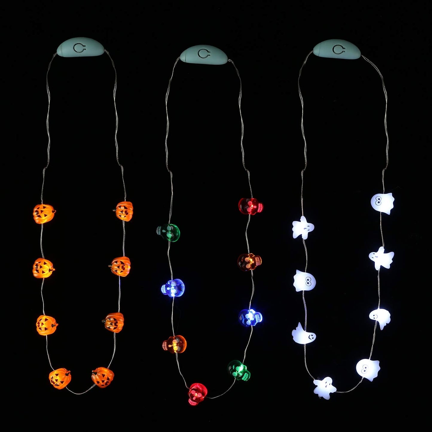 JASHIKA Halloween Eve Costume Party Accessories, Lighting Up LED Necklace Set of 3, Ghost, Jack O Lantern Pumpkin, Skull for Trick or Treating Door to Door Parade Procession