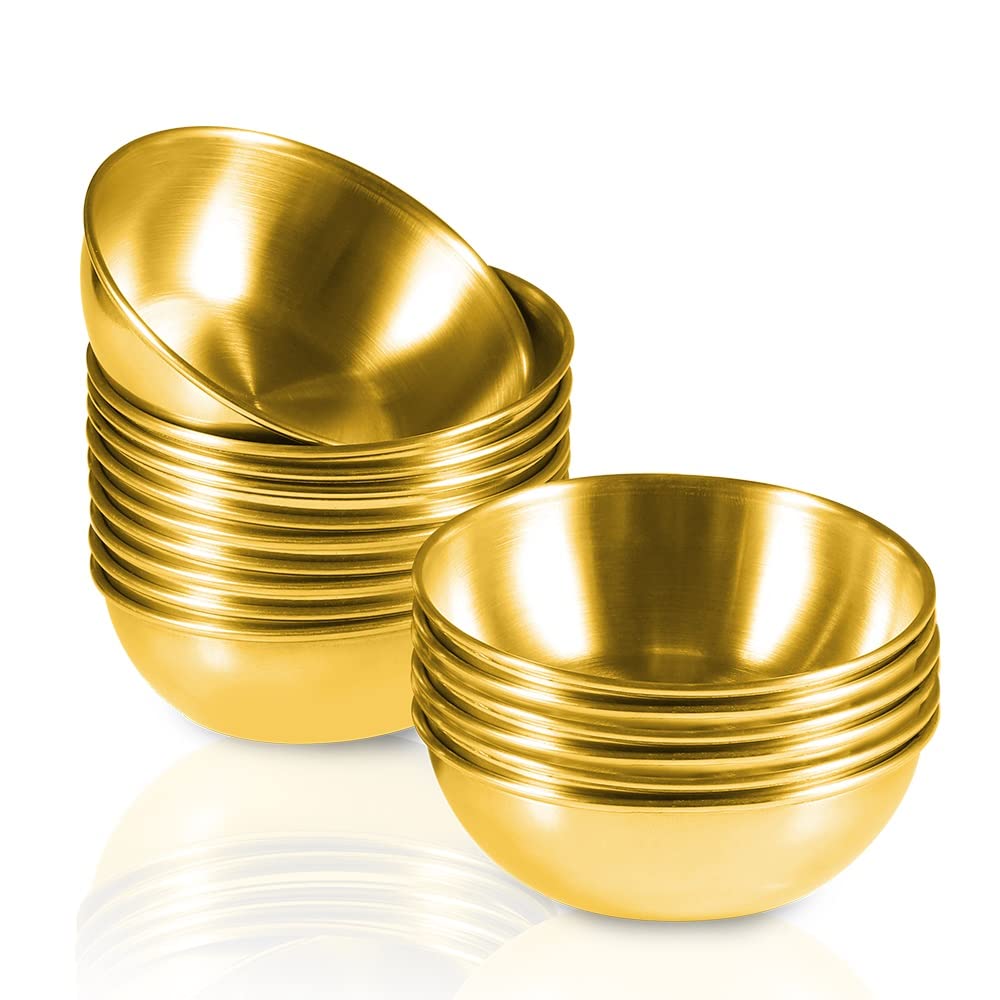 Amytalk 16 Pack 3.2inch Stainless Steel Sauce Dishes Mini Individual Saucers Bowl Round Seasoning Dishes Sushi Dipping Bowl Appetizer Plates, Golden