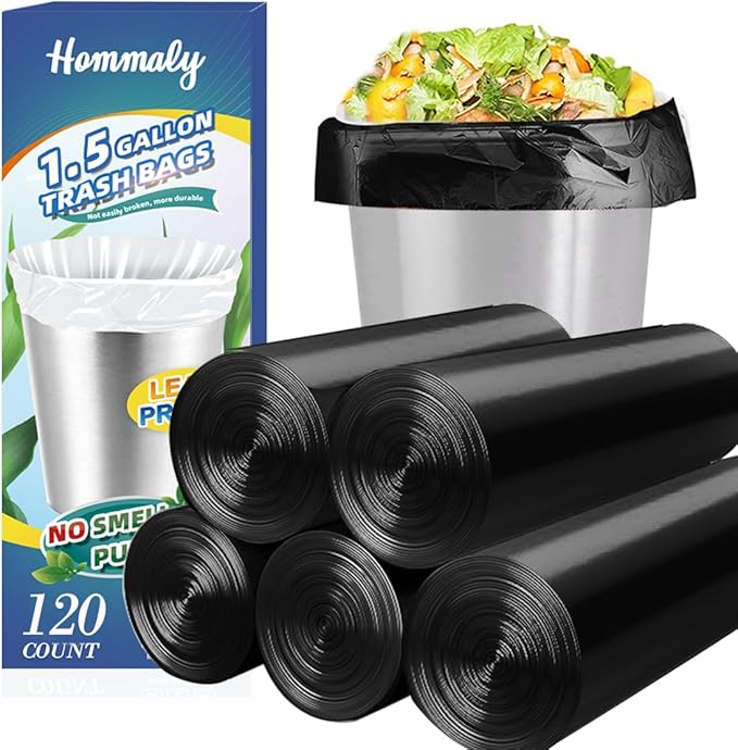 1.5 Gallon 120 pcs Small Black Trash Bags, Strong 1.3 Gallon 1.5 Gallon 1.6