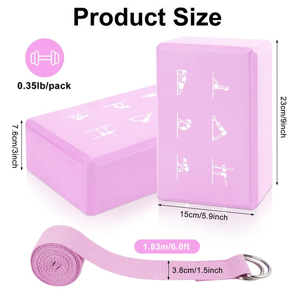 2 Yoga Block and Yoga Strap Set, FHDUSRYO High Density EVA Foam Blocks, Non-slip Yoga Bricks with 6ft Strap, Supportive Latex-Free Yoga Block Kit to Improve Balance and Flexibility (Pink, 9×6×3")