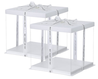 XININSUN 2Pcs Large Cake PET Clear Box, 10" X 10" X 9" with ribbon and pre-folded lid, for 8" cake packing carry, baking cookie display, Carry Tall Layer Gift, Festive Gift Box -White