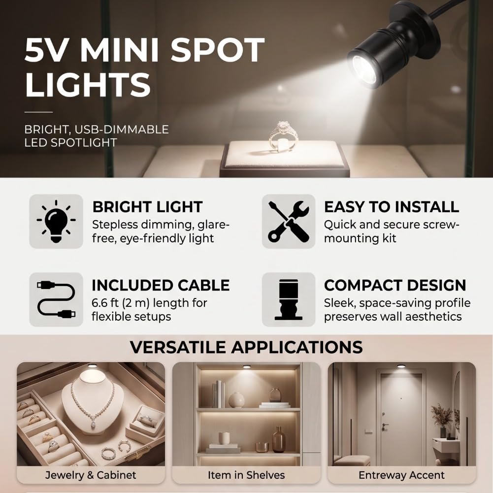 Mini LED Spotlight 5V USB Dimmable Spot Lights Accent Lights with 6.6ft Cable for Painting Picture Plants Jewelry Showcase Model Display (Warm White Light 3000K)