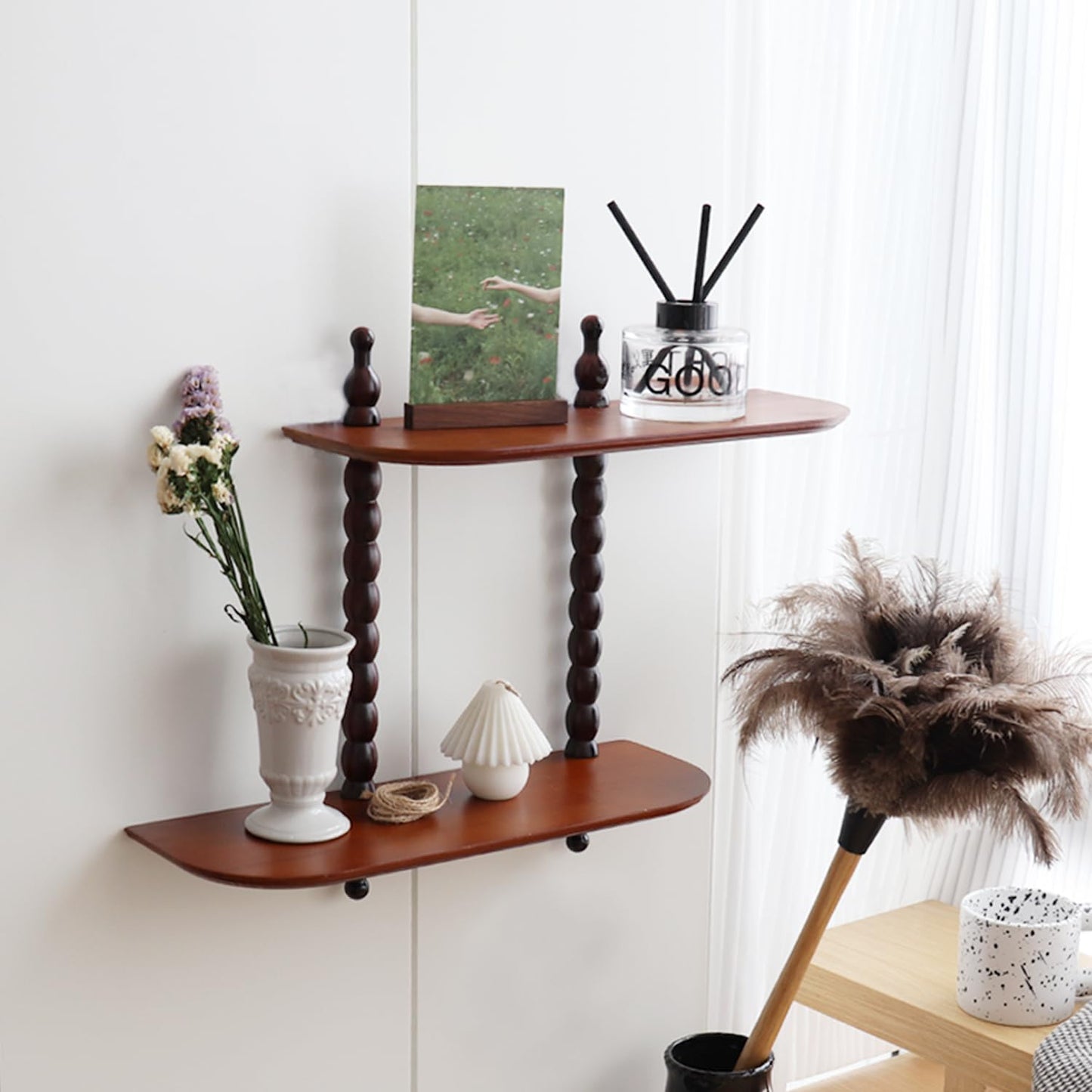 FRIADE 2-Tier Wall Mounted Floating Shelf with Two Roman Columns, Decorative Display Shelf for Entrance, Bathroom, Bedroom, Living Room, Kitchen, Office (Brown)