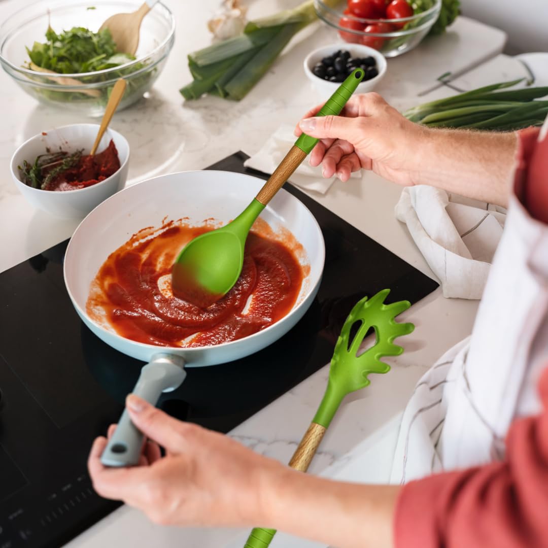 Green Silicone Kitchen Utensil Set – 10-Piece Cooking Tools with Wooden Handles & Ventilated Bamboo Holder, Heat-Resistant Silicone, Nonstick Safe, BPA-Free Kitchen Gadgets Set – Sage Green