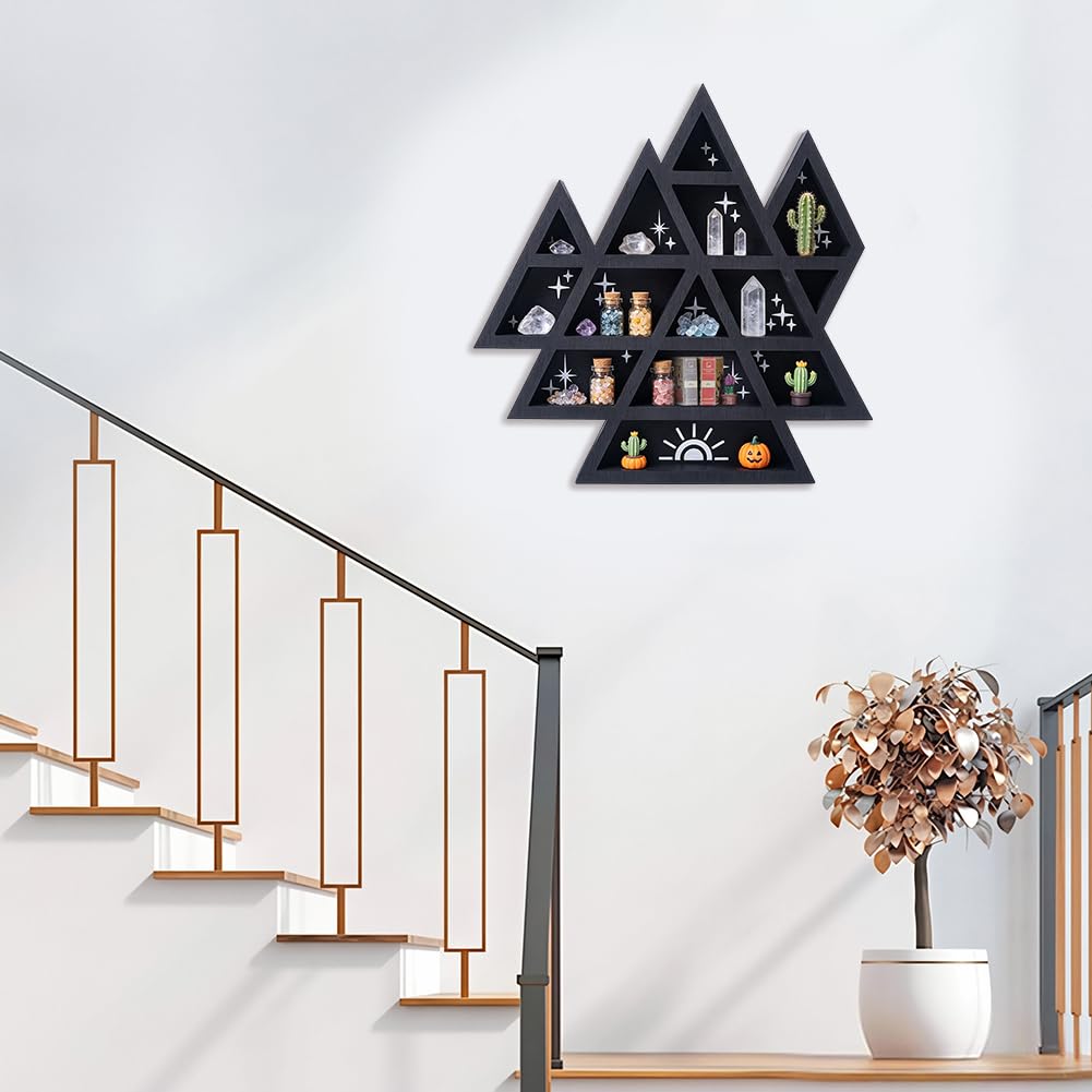 PRESSINART Crystal Display Wall Mount 11.8 x 11.8 Inch Rustic Floating Wall Decor, Wooden Mountain Shelves Oils Trinkets Gemstone Triangle Storage Organizer for Meditation Spiritual Gift Home Decor