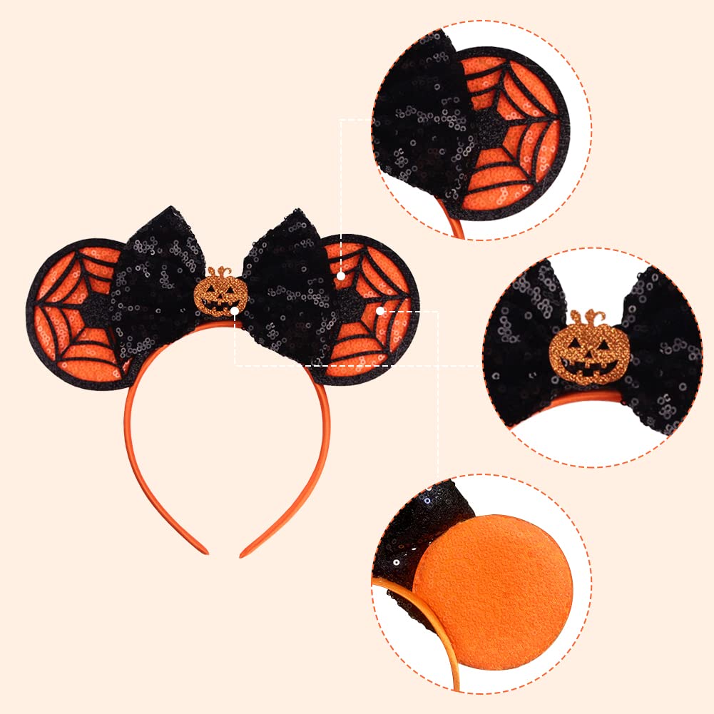 Tarocynn 4 PCS Halloween Mouse Ears Headbands Halloween Sequin Pumpkin Bows Ghost Headbands for Cosplay Party Favors
