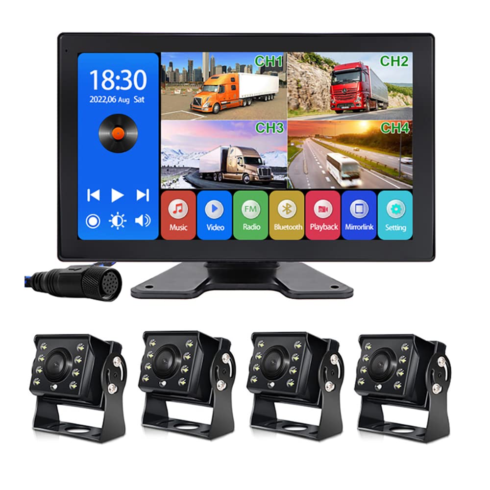 EVERSECU 4K Car Backup Cameras System with 10.1" Touch Screen Quad Display Monitor & 4pcs 1080P Backup AHD Cameras, MP5 Player, Vehicle DVR Recorder for RV/Truck/Bus/Trailer/Camper/Van