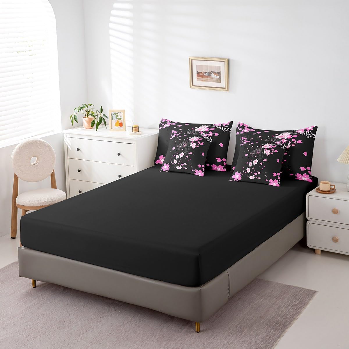 Erosebridal Pink Cherry Blossom Twin Comforter Set 7 Piece Magical Dragon Bedding Set Fantasy Animal Bed in A Bag Black Simple Sheet Set with Comforter for Kids Boys Girls