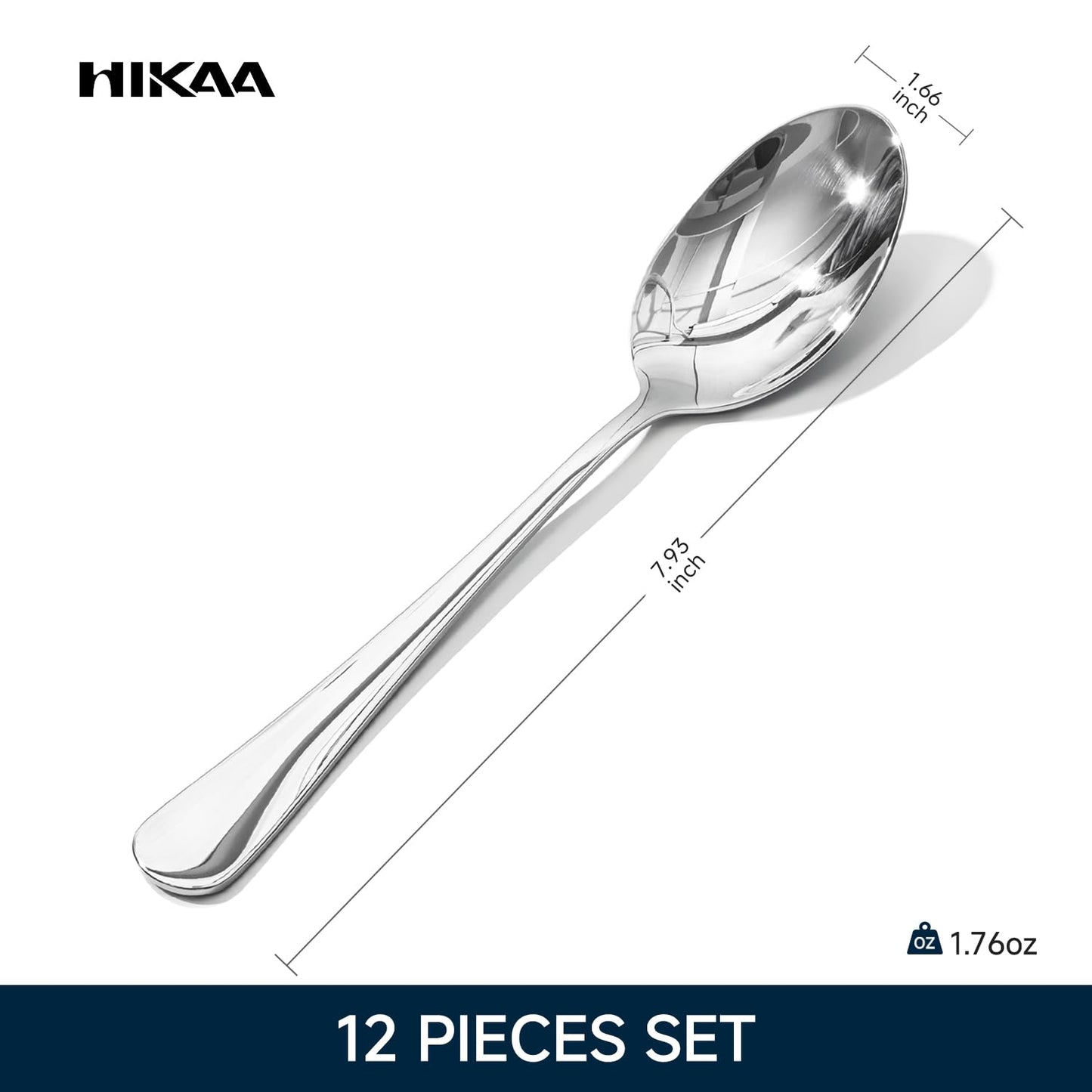 HIKAA 7.9 Inch Dinner Spoons Set of 12, Food Grade Stainless Steel Table Spoons, Mirror Polished Flatware, Smooth Edge, Dishwasher Safe for Home Kitchen Restaurant Party